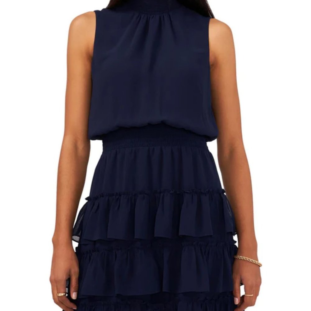 NWT 1. State Ruffled Mini Dress Navy Blue with smocked and ruffle details Sz: XL